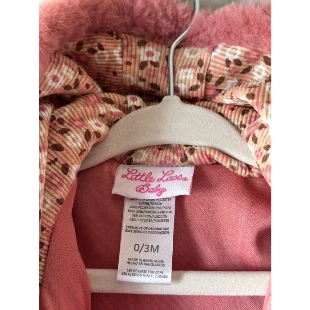 Little Lass Baby Girl Pink Plush Hooded Baby Vest Bear Pockets Size 0-3M Cute